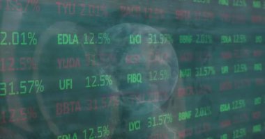 Animation of financial data processing with globe and world map on green background. Global business, finances and digital interface concept digitally generated video.