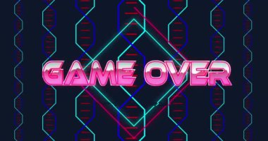 Animation of game over text over neon shapes on black background. Retro futue, social media and digital interface concept digitally generated video.
