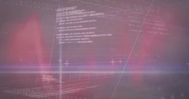 Animation of connected dots, graphs and trading board, binary codes, computer language on windmills. Digital composite, multiple exposure, stock market, report, business and sustainable energy.