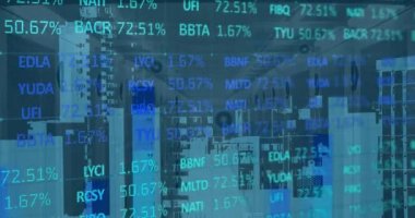 Animation of financial data processing and cityscape over server room. Global technology, finances and digital interface concept digitally generated video.