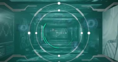 Animation of round scanner spinning against screens with medical data processing on green background. Computer interface and medical research technology concept