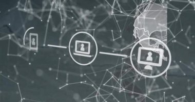 Animation of digital icons and network of connections over spinning globe against grey background. Global networking and business technology concept