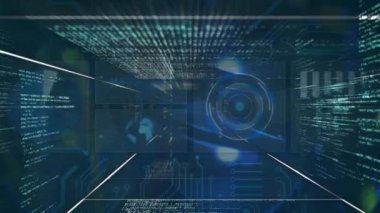 Siyah arkaplanda veri işleme animasyonu. Küresel teknoloji, bilgisayar ve dijital arayüz kavramı dijital olarak oluşturulmuş video.