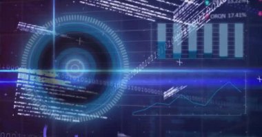 Animation of illuminated lines over programming language, binary codes, circles and trading board. Digitally generated, hologram, shape, report, business, stock market, coding and technology concept.