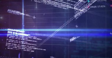 Grafikler, alım satım tahtası, ikili kodlar ve bilgisayar dili üzerine aydınlatılmış çizgilerin animasyonu. Dijital olarak üretilmiş, hologram, rapor, borsa, iş dünyası, kodlama ve teknoloji kavramı.