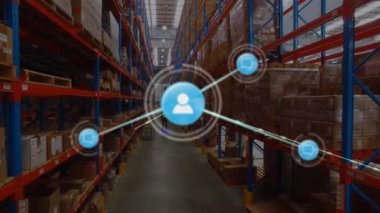 Animation of network of connections with icons over warehouse. Global shipping, connections and delivery concept digitally generated video.