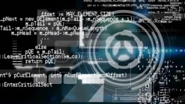 Animation of interface with round scanner and data processing against black background. Computer interface and business technology concept