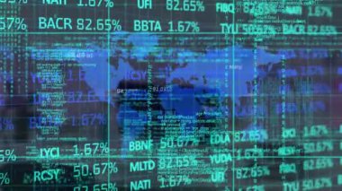 Animation of financial data processing over world map. Global technology, finances and digital interface concept digitally generated video.