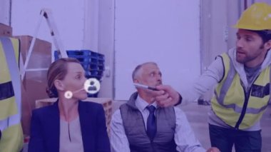 Animation of network of profiles over team of supervisors and workers discussing over whiteboard. Global networking and logistics business technology concept