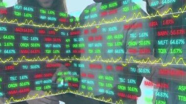 Animation of financial data processing over diverse people using tablet. Global business, finances and digital interface concept digitally generated video.