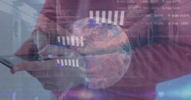 Animation of globe and server room with data processing over caucasian businessman using smartphone. Global business, finances and digital interface concept digitally generated video.