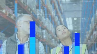 Animation of financial data processing over diverse workers in warehouse. Global business, finances and digital interface concept digitally generated video.