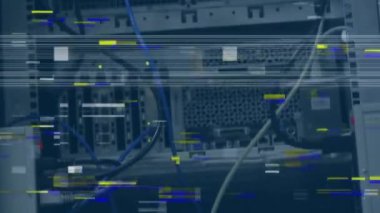 Animation o interference and light trails over server room. Global technology, finances and digital interface concept digitally generated video.
