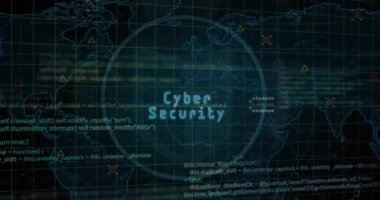 Animation of icons with world map and data processing on black background. Global technology, computing and digital interface concept digitally generated video.