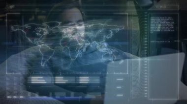 Animation of world map with data processing over caucasian businessman using laptop. Global business, finances and digital interface concept digitally generated video.