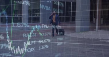 Animation of financial data processing over african american businessman walking with suitcase. Global business, finances and digital interface concept digitally generated video.