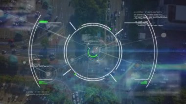 Animation of network of connections and scope scanning with data processing over cityscape. Global technology, connections and digital interface concept digitally generated video.