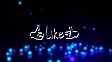 Animation of like text banner and icon over blue glowing spots falling against black background. Social media networking and business technology concept