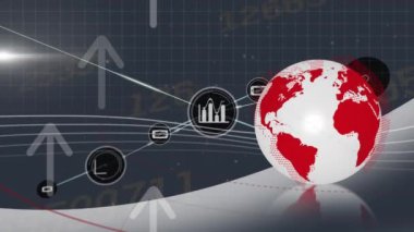 Animation of globe over network of connections with icons and data processing on black background. Global business, finances and digital interface concept digitally generated video.