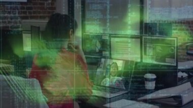 Animation of connections with data processing over biracial businesswoman working at office. Global business, connections and digital interface concept digitally generated video.