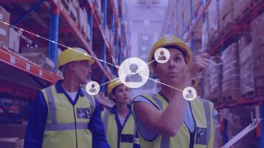 Animation of network of profiles over female supervisor and male workers checking stock at warehouse. Global networking and logistics business technology concept
