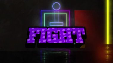 Animation of fight text over neon shapes on black background. Global retro future, social media and digital interface concept digitally generated video.