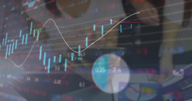 Animation of financial data processing over diverse business people using tablet. Global business, finances and digital interface concept digitally generated video.