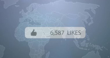 Animation of like icon with increasing numbers over world map against grey background. Social media networking and business technology concept