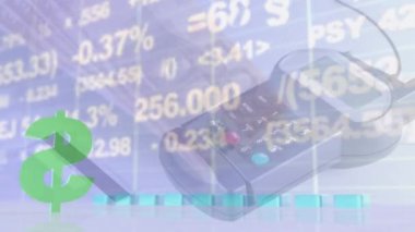 Animation of financial data processing over payment terminal and banknotes. Global business, finances and digital interface concept digitally generated video.