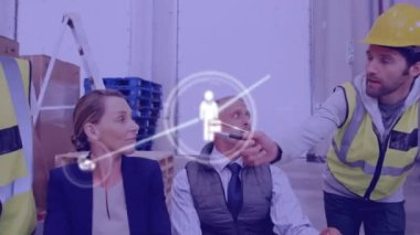 Animation of digital icons over supervisors and workers discussing over whiteboard at warehouse. Global networking and logistics business technology concept