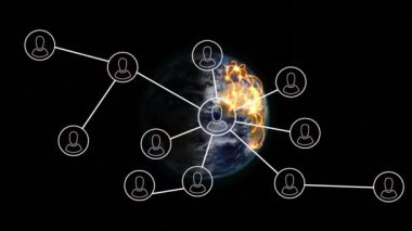 Animation of network of profile icons against light trails over spinning globe on black background. Global networking and business technology concept