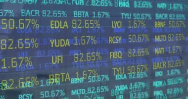Animation of stock market data processing against blue background. Global economy and business technology concept