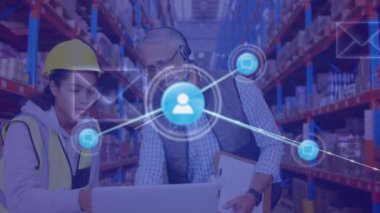 Animation of digital icons over diverse male supervisor and female worker discussing at warehouse. Global networking and logistics business technology concept