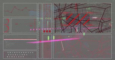 Animation of data processing over world map on grey background. Global technology, computing and digital interface concept digitally generated video.