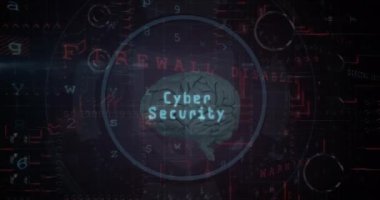 Animation of icons with digital brain and data processing on black background. Global technology, computing and digital interface concept digitally generated video.