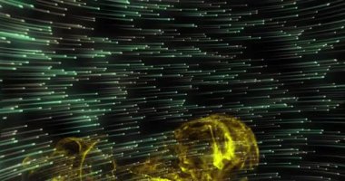 Animation of glowing yellow light trail over spots of light. Light, movement and colour concept digitally generated video.