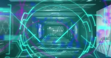 Neon yuvarlak tarayıcının animasyonu ve tıbbi veri işleme ile ekranlara karşı arayüz. Bilgisayar arayüzü ve tıbbi araştırma teknolojisi kavramı
