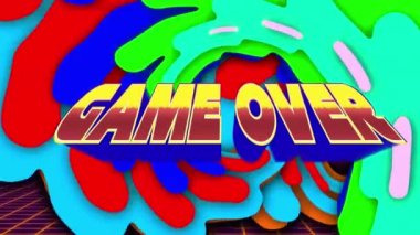 Neon soyut şekiller üzerine retro metin üzerinden oyunun animasyonu. Küresel video oyunu, dijital arayüz, çevrimiçi iletişim, veri işleme ve bilgisayar konsepti dijital olarak oluşturuldu.