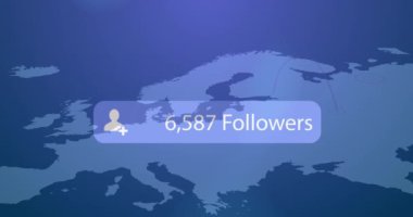 Animation of profile icon with increasing followers over world map against grey background. Social media networking and business technology concept