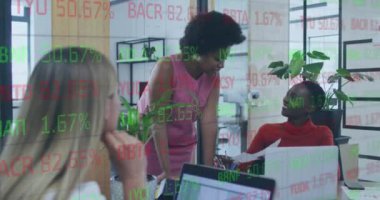 Animation of financial data processing over african american woman giving document to her colleague. Global economy and business technology concept