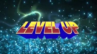 Animation of level up retro text over neon abstract shapes. Global video game, digital interface, online communication, data processing and computing concept digitally generated video.