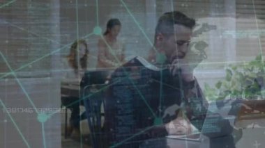 Animation of connections with data processing and globe over diverse business people at office. Global business, connections and digital interface concept digitally generated video.