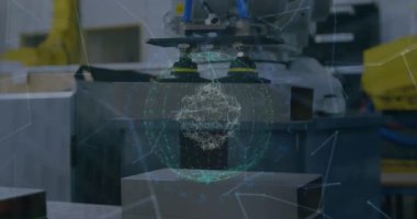 Animation of network of connections over machines in lab. Global science, technology and digital interface concept digitally generated video.