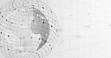 Animation of changing numbers and spinning globe over grid network against white background. Global networking and business technology concept