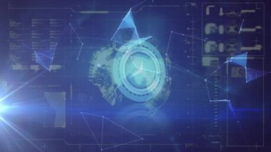 Animation of data processing over moving clock and globe on black background. Global technology, computing and digital interface concept digitally generated video.