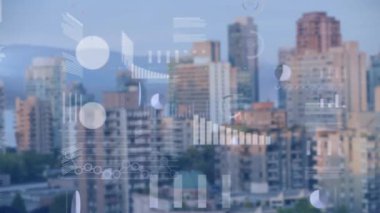 Şehir manzarası üzerinde finansal veri işleme animasyonu. küresel iş, finans ve dijital arayüz kavramı dijital olarak oluşturulmuş video.