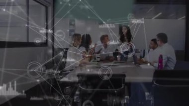 Animation of network of connections with data processing over diverse business people at office. Global business, connections and digital interface concept digitally generated video.