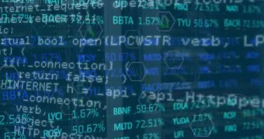 Animation of financial data processing and icons over server room. Global technology, finances and digital interface concept digitally generated video.