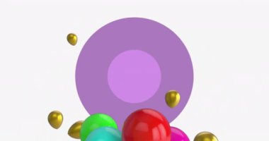 Animation of multicolored balloons over moving golden balloons and purple circle on white background. Digital composite, party, vector, shape, abstract, event and celebration concept.