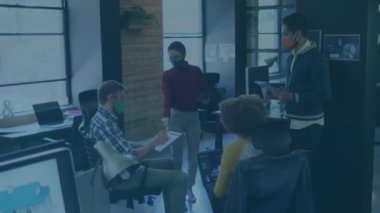 Animation of shapes over diverse business people having meeting at office. Global business, connections and digital interface concept digitally generated video.